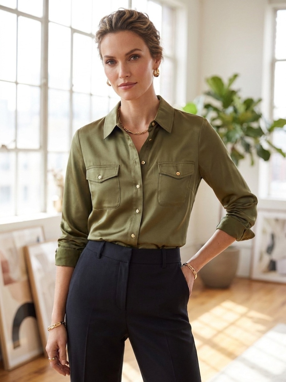 Tahari Olive Satin Button-Front Shirt with Chest Pockets